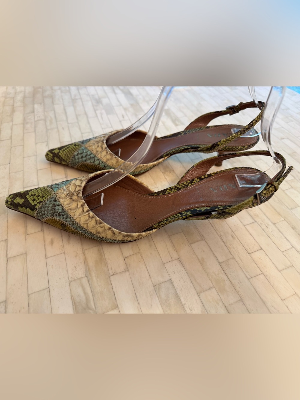 Prada 1P5478 Patch Summer Menta Python Snakeskin Slingback Heels 37 Y2K Shoes - Picture 4 of 10